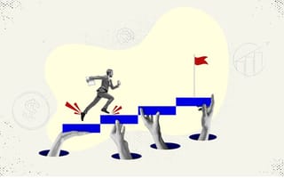 A man in a suit climbs four steps to get to a red flag. The steps are supported by hands that come from holes in the ground.